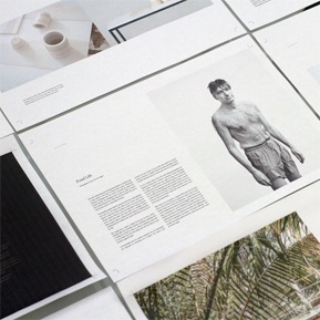 Circular image of a branded portfolio design with paragraphs of text on the left side of the page and a black and white photo of a white man wearing shorts, looking at the camera, on the right side of the page